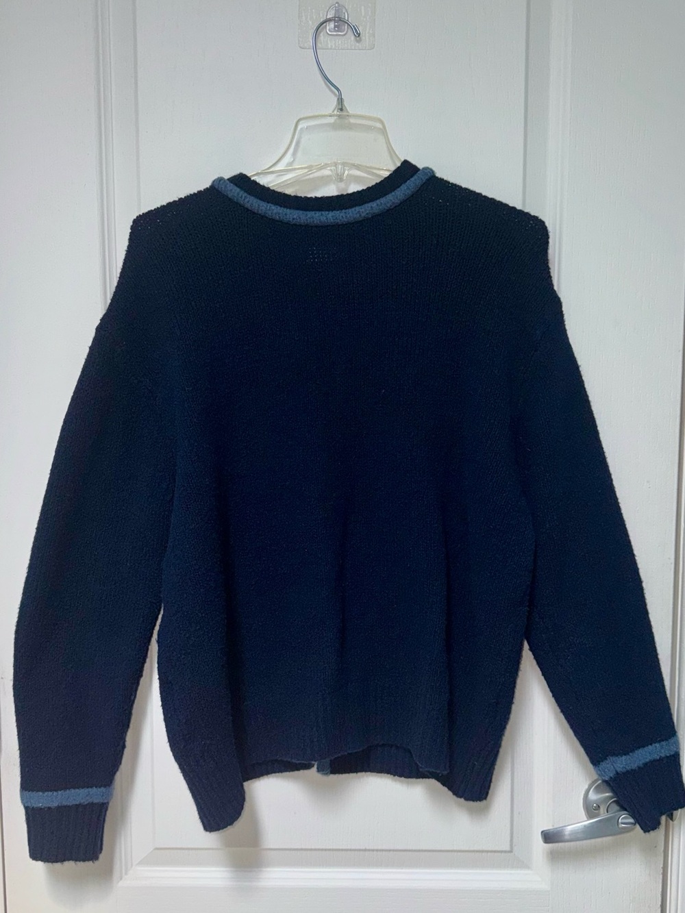 Zara OpenBack Dark Navy Crewneck Sweater with Light Trim